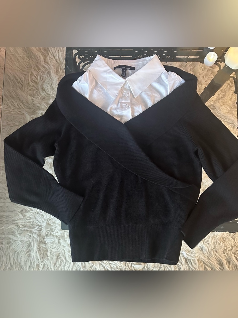 White House Black Market Black Off-the-Shoulder Sweater with White Collar